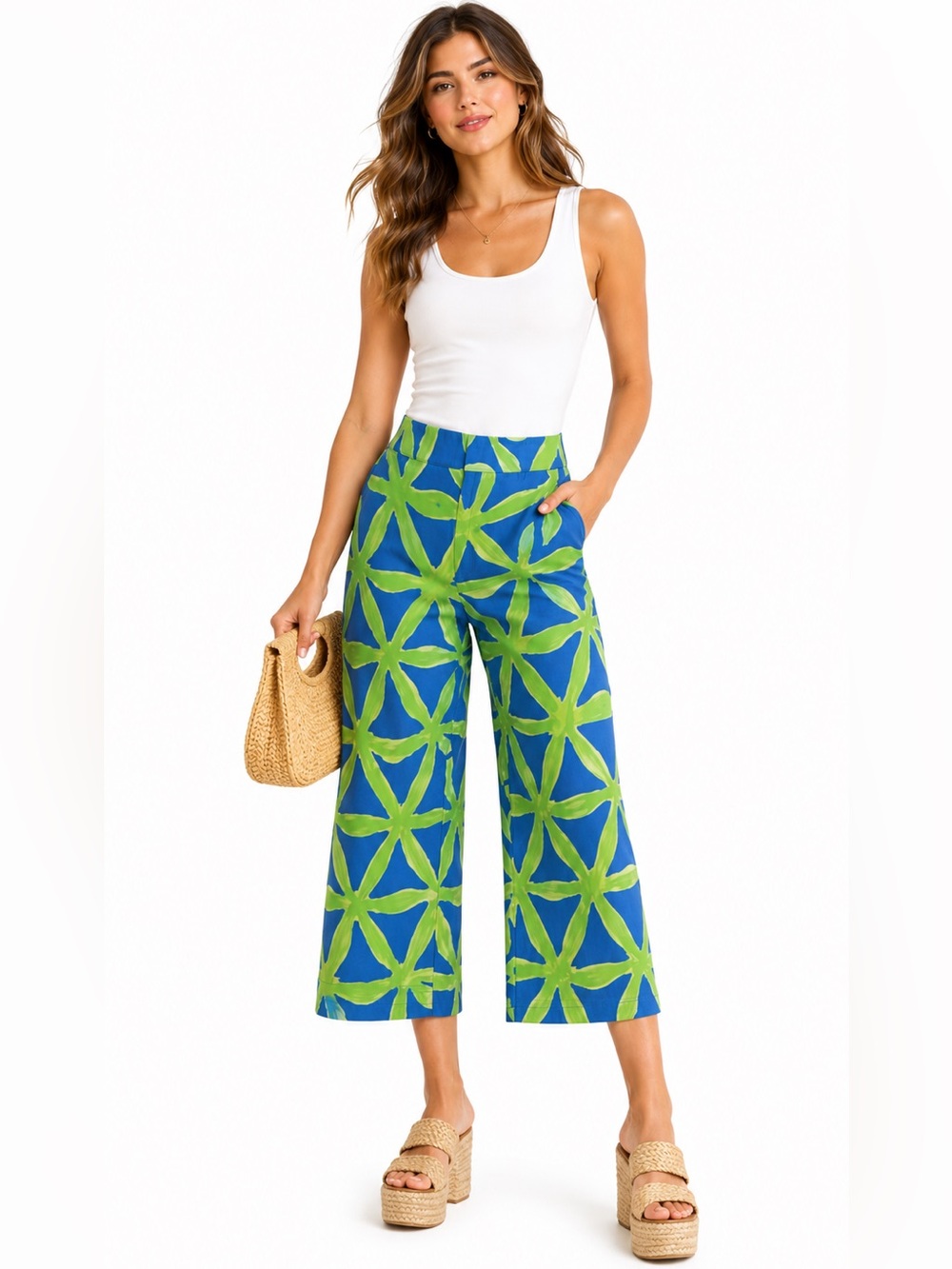 Haute Hippie Blue Green Tropical Wide Leg Crop Pants XS NWT Resort